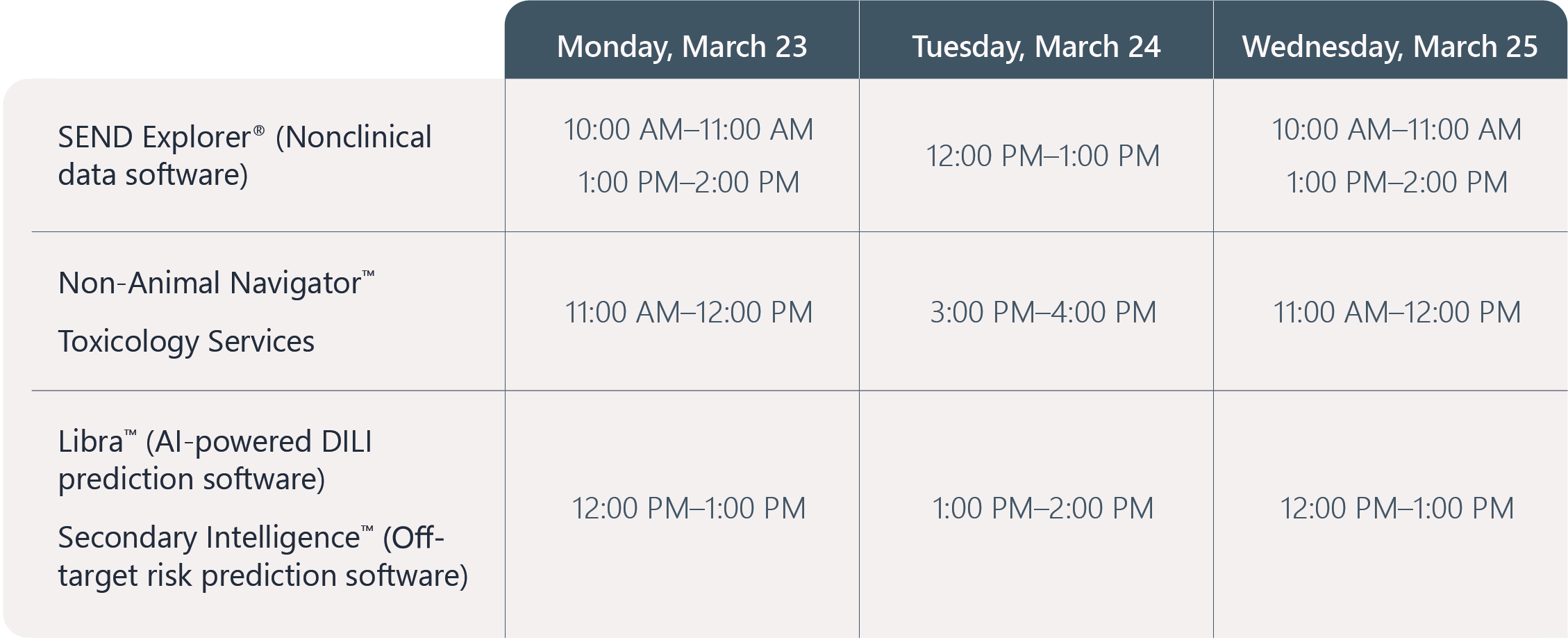 Schedule table showing demo times for software products across Monday to Wednesday