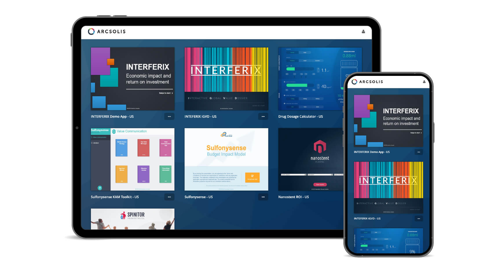Tablet and phone screens showing Arcsolis app with branded project portals and dashboards.