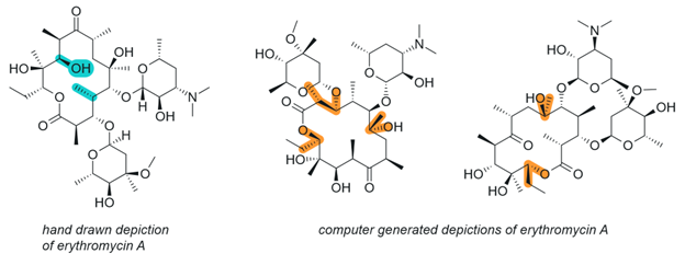 Hand drawn and computer generated depictions of erythromycin A.